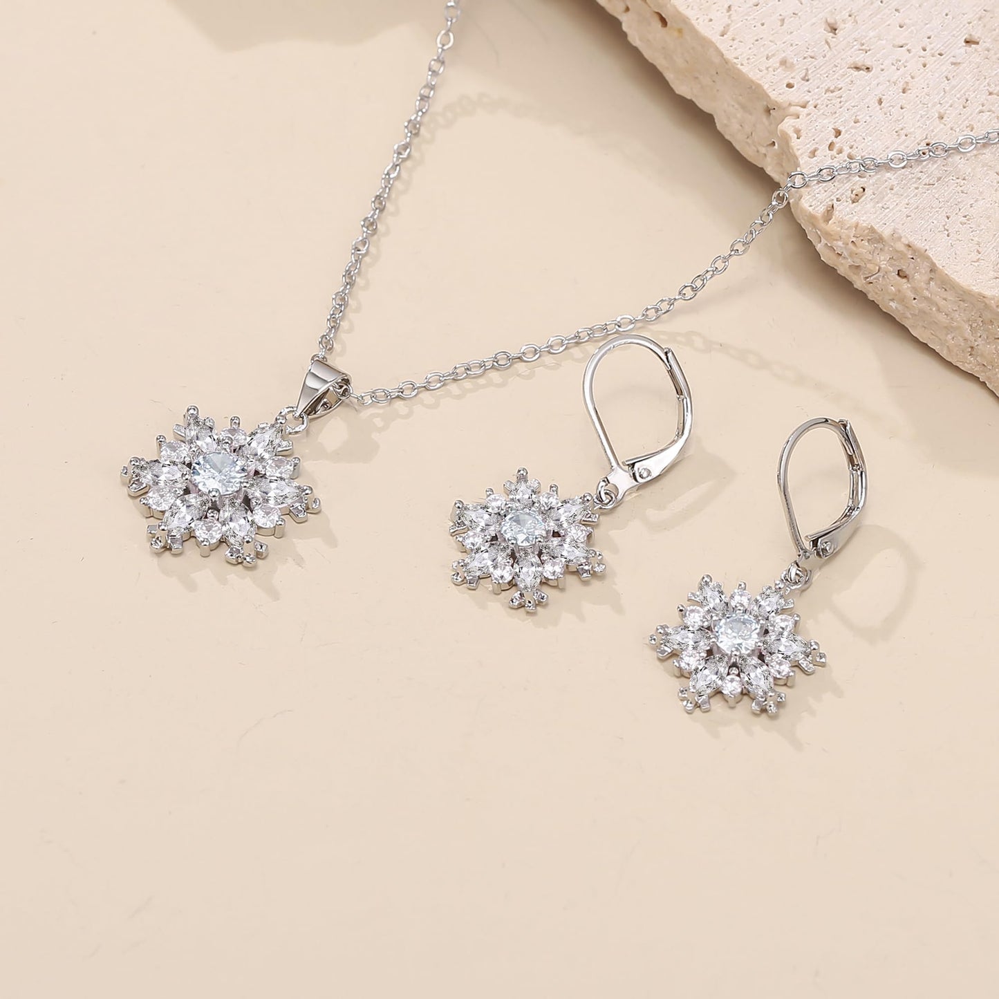 FANZE Fashion Cubic Zircon Snoweflake Jewelry Set for Women Snow Dangle Earring Hypoalllergenic Trendy Gift for New Years Chrismas Thanksgiving Clear Sliver-Tone