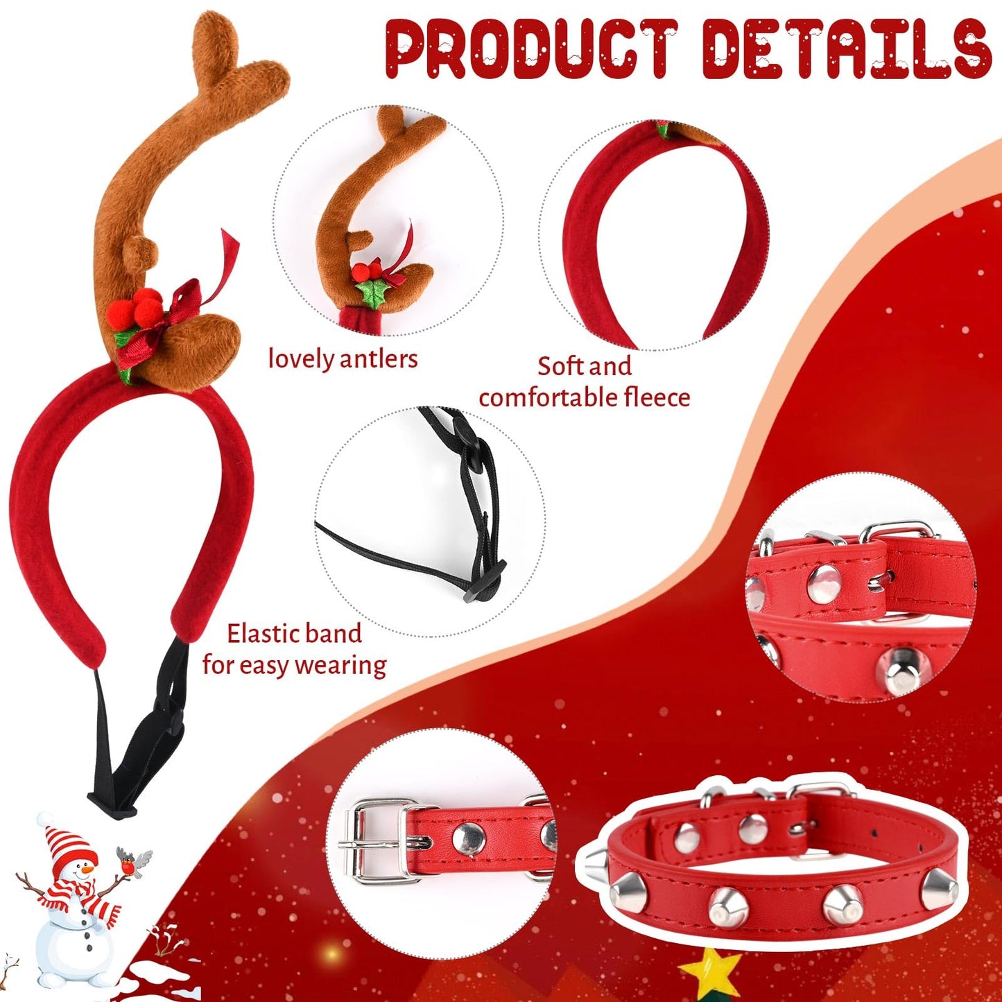 Kavoc Christmas Reindeer Antler Headband with Dog Ears Ajustable Elastic Band Dog CostumeDog Antlers Costume for Medium Dogs Pets Xmas Party Decor
