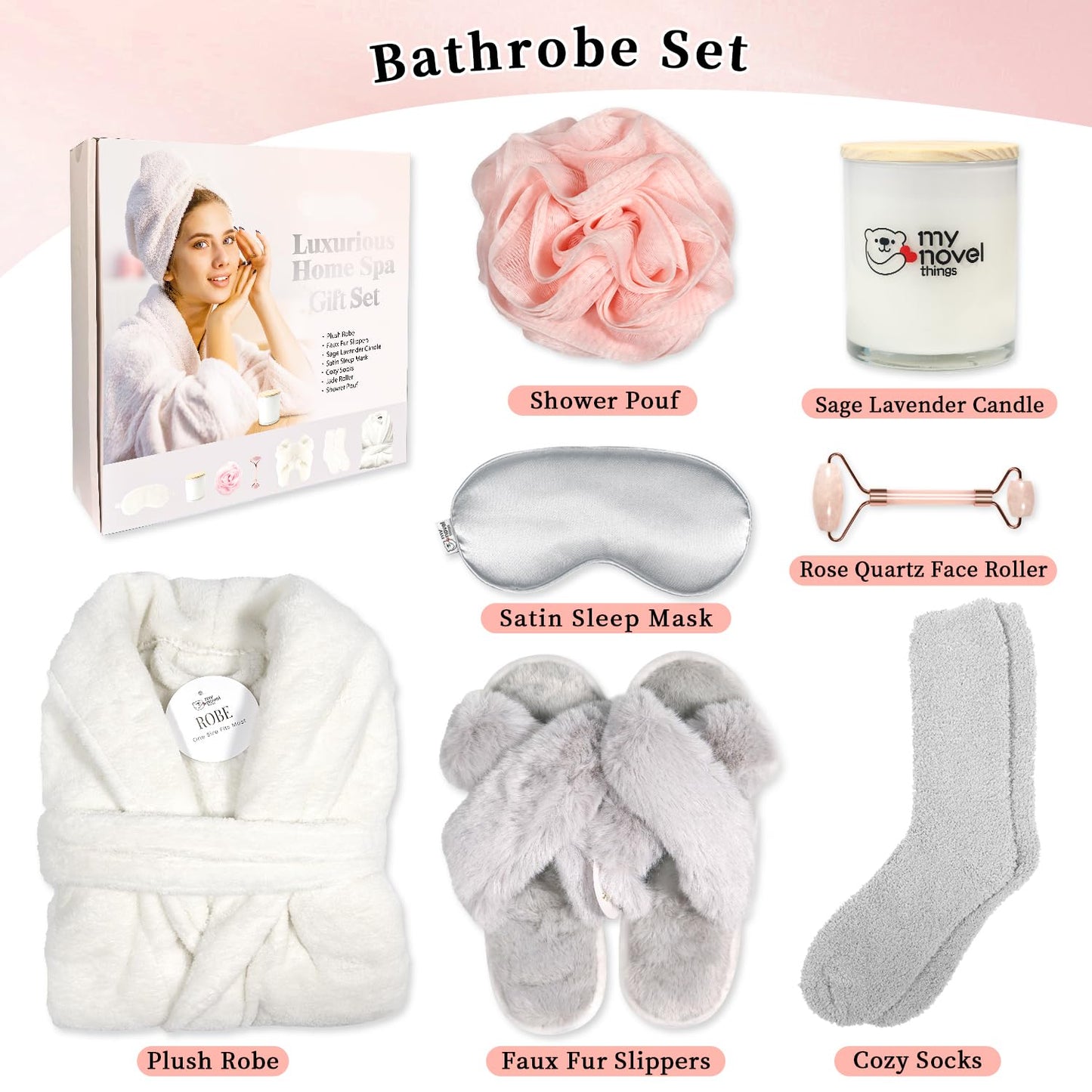 my novel things Birthday Gifts for Women,Spa Robe and Slippers Set, Bathrobe With Silky Satin Sleep Mask, Scented Candle Self Care 7 Pack Suitable for Christmas Thanksgiven Day Grey