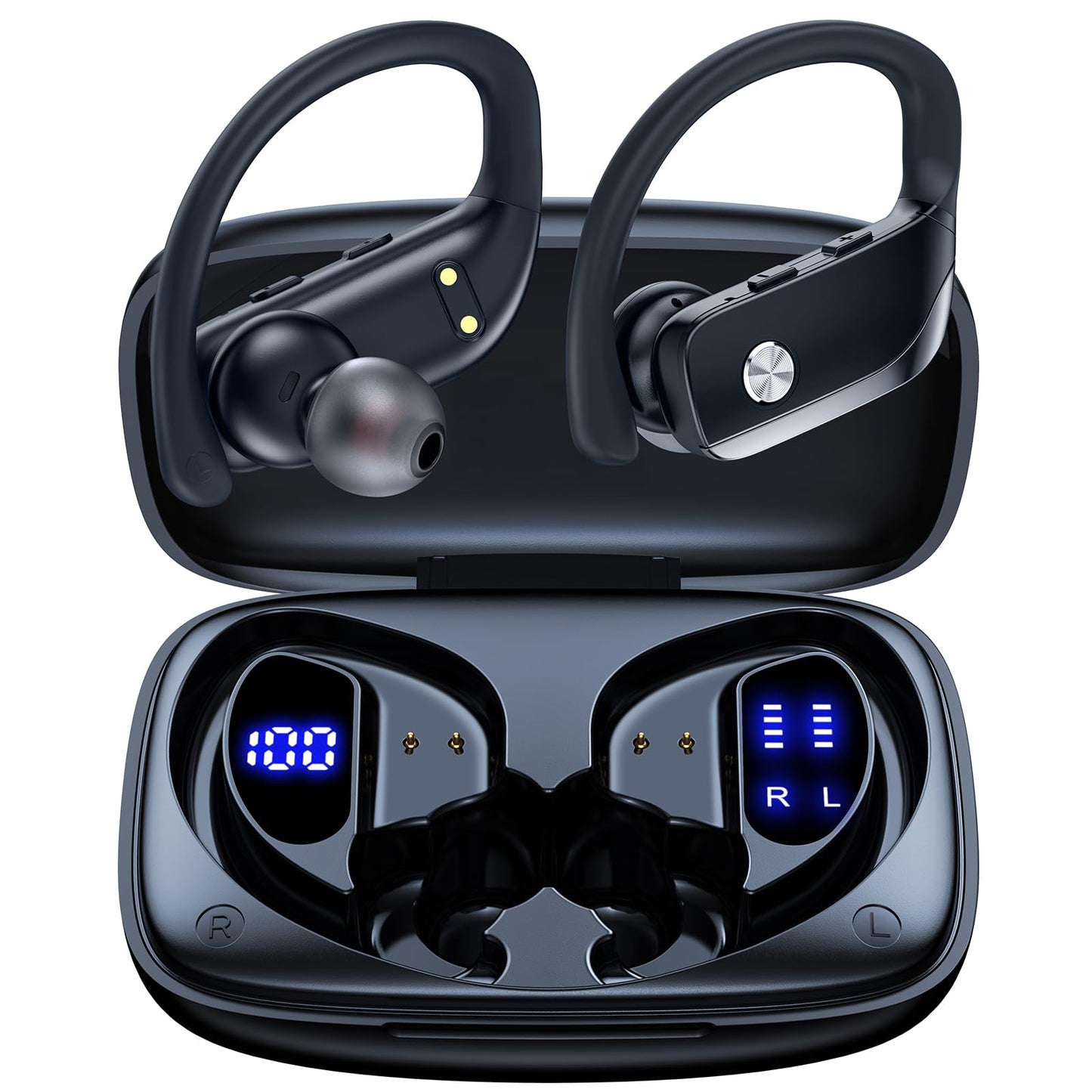 bmanl Wireless Earbuds Bluetooth Headphones 48hrs Play Back Sport Earphones with LED Display Over-Ear Buds with Earhooks Built-in Mic Headset for Workout Black