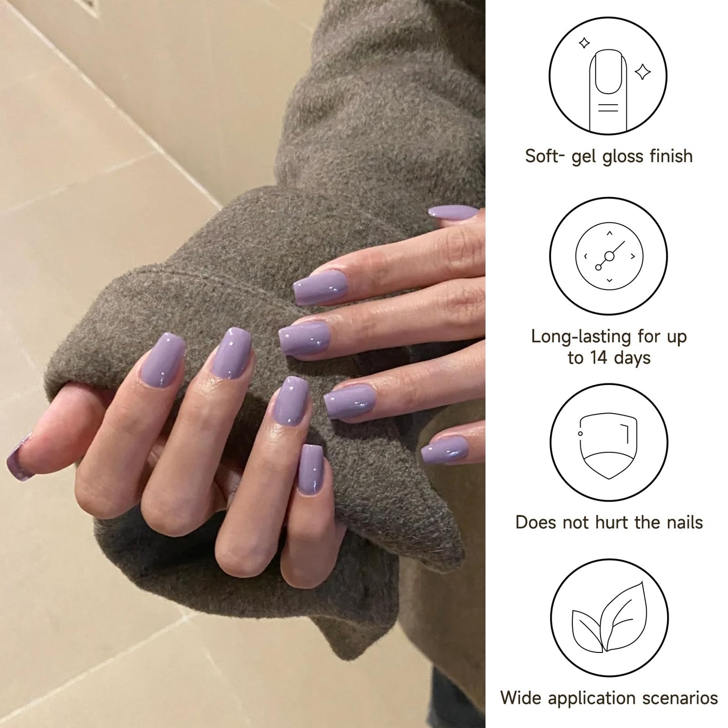 DUKASOU Semi Cured Gel Nail Strips, Light Purple 28 PCS Solid Color Gel Nail Strips Works with UV Light, Salon Quality Gel Nail Stickers Full Nail Wraps