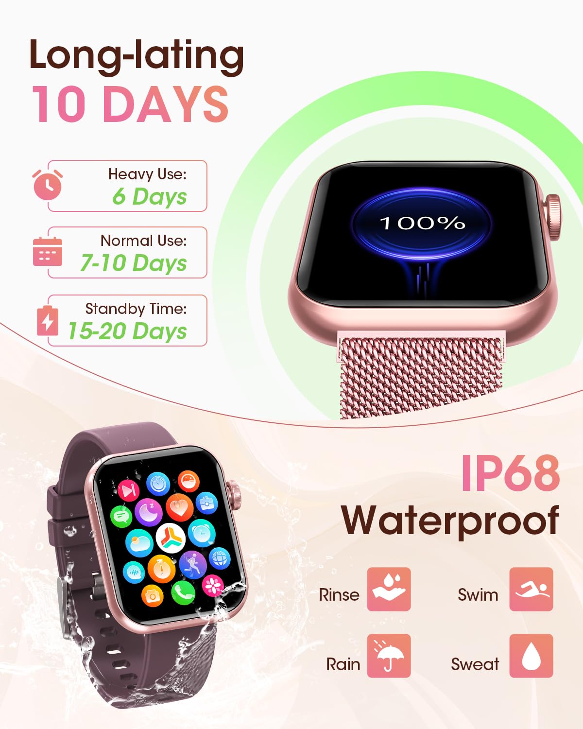 Smart Watches for Women, Fitness Tracker Watch for Sleep/Heart Rate/SpO2/Blood Pressure Monitor, 1.85'' Smartwatch for Android iPhone, Calls/SMS/Notifications, 100+ Sports Modes, 300+ Dials, 3 Bands