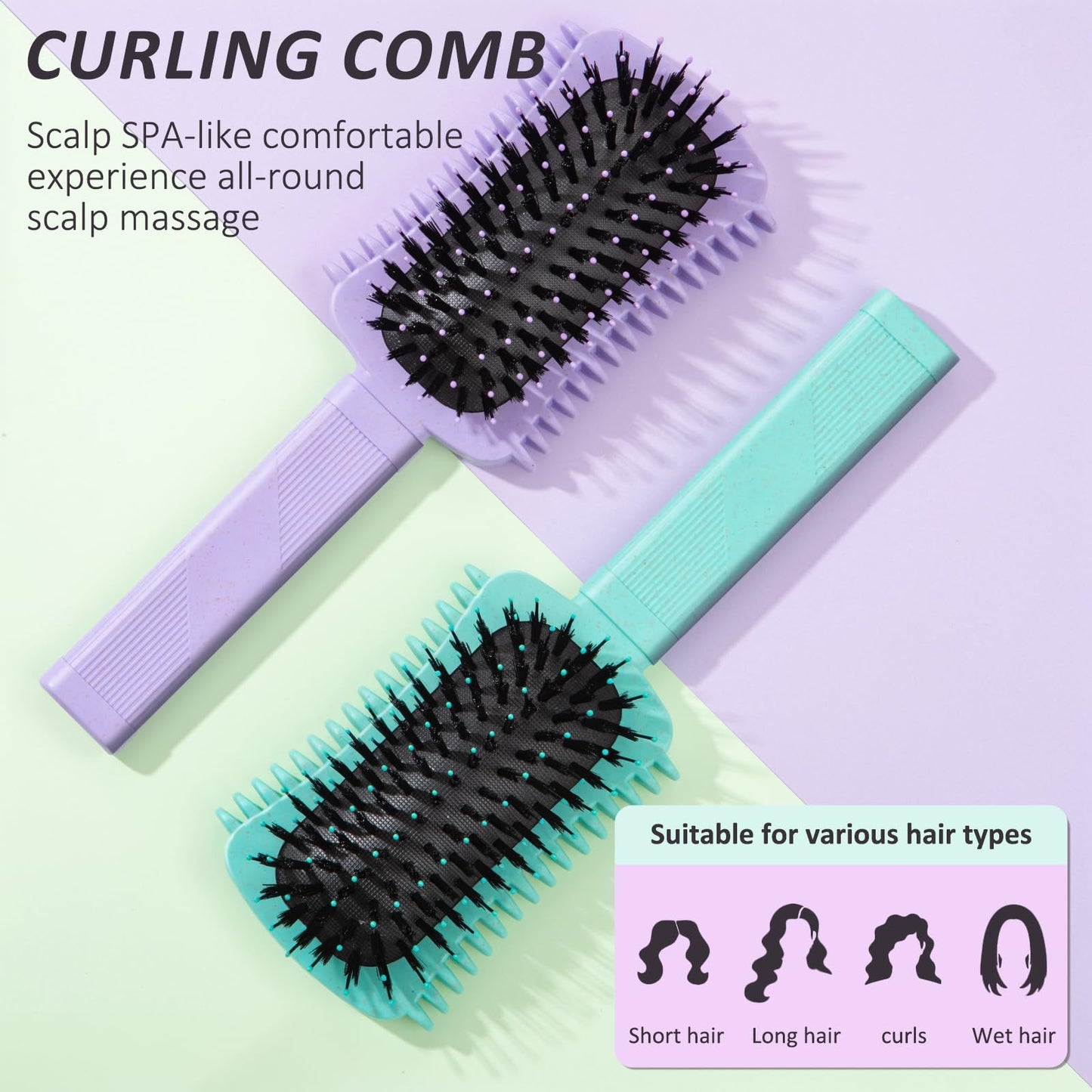 Curly Hair Brush 2 Pack, Volume Curl Defining Brush for Effortlessly Detangling Shaping and Styling Women's Curls, Reduce Pulling (Green+Purple)