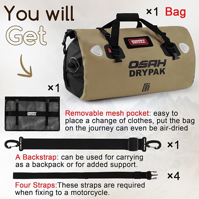 Waterproof Duffel Bag - Motorcycle Dry Bag Tail Bag with Large Storage Space, Waterproof Luggage Duffle Bags with Outer Mesh Zipper Pocket for Camping, Kayaking, Fishing & Traveling