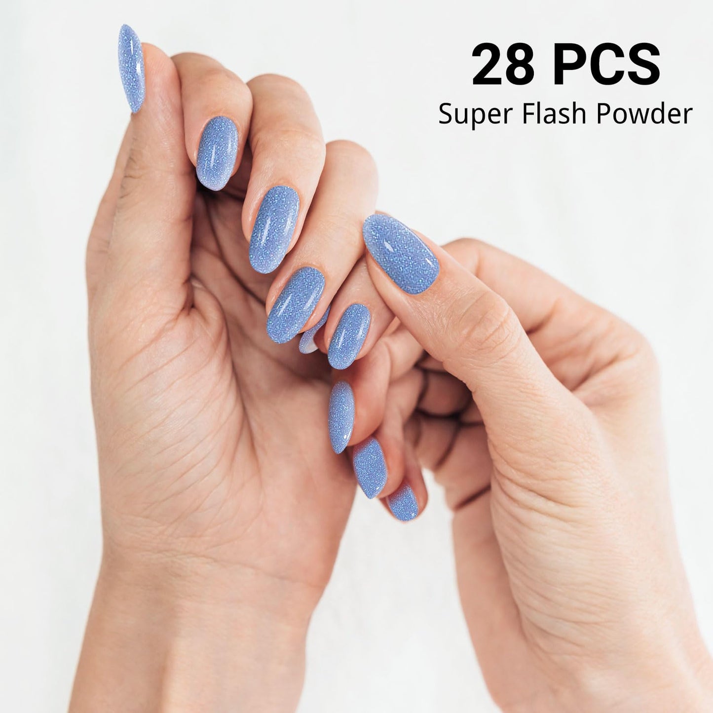 DUKASOU Semi Cured Gel Nail Strips, Blue Fine Flash | 28pcs Gel Nail Strips Work with Any uv lamp,Gel Nail Stickers for Women Girls, Includes Prep Pads, Nail File & Wood Stick