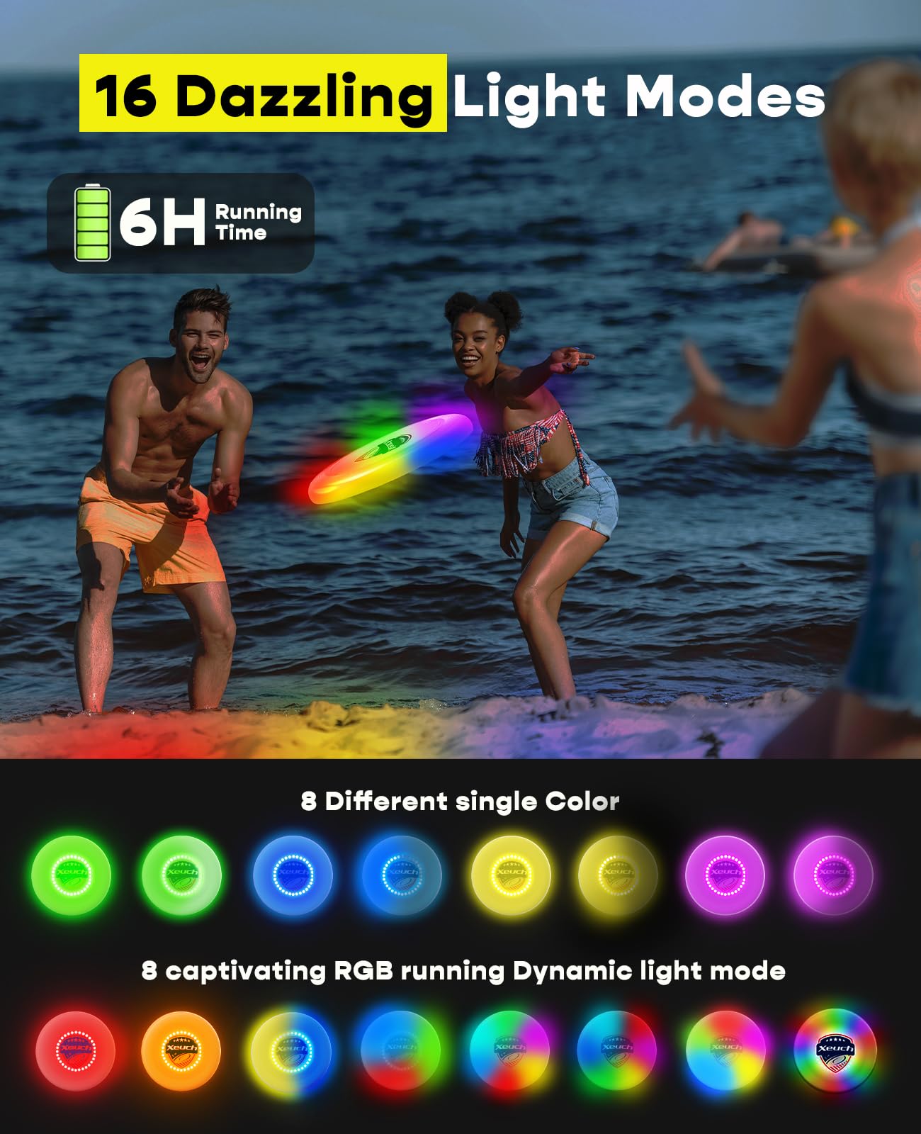 Xeuch 2 Pack Flying Disc, Glow Frisbee with 30 RGB LEDs, 16 Light Modes and 4 Brightness, 6-Hour Playtime, Built-in Timer & Sensor, 175g - Christmas, Birthdays Gifts for Men/Boys/Teens/Kids