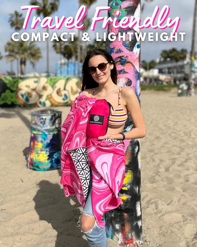 ECCOSOPHY Sandproof Beach Blanket - Oversized Sand Free Beach Mat 9'x10' - Lightweight Outdoor Picnic Blanket Anchored with 4 Corner Sand Pockets & Plastic Stakes - Heat Proof, Quick Drying & Compact