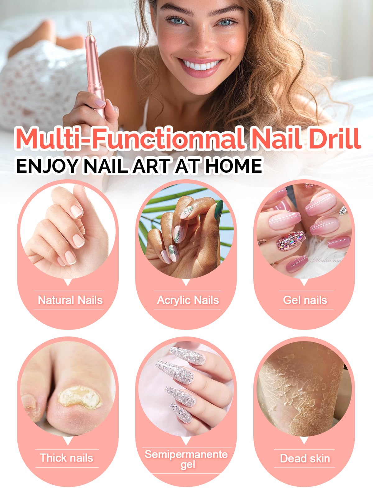 Electric Nail Drill Machine, Professional Electric Nail File for Dip Powder Nail Filer, Efile Manicure and Pedicure Tools with Storage Nail Accessories Function for Grinding Polishing Trimming，Pink