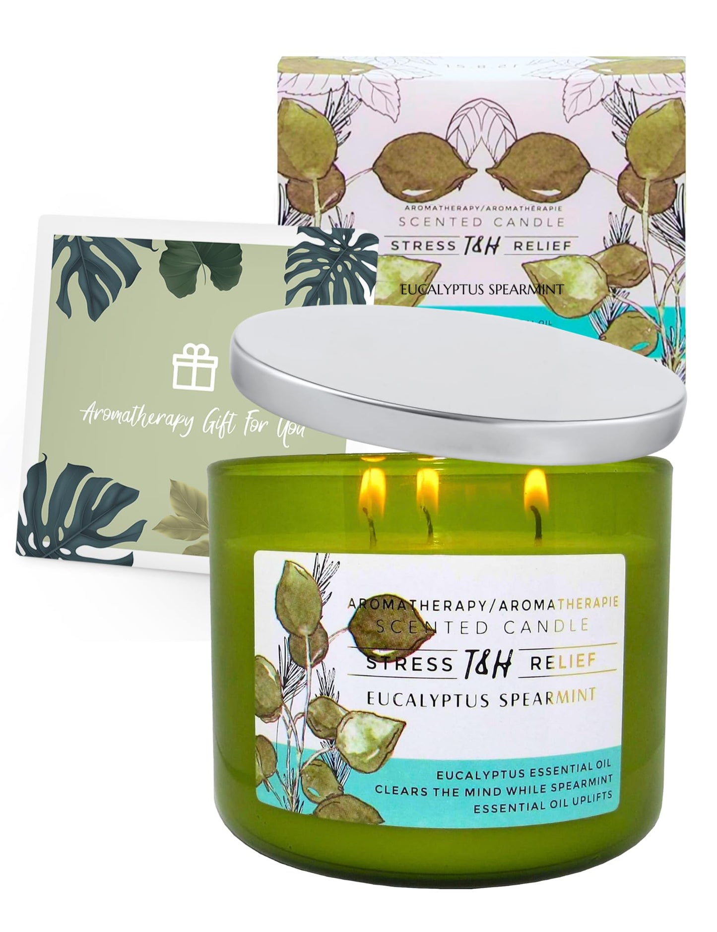 Eucalyptus Spearmint Aromatherapy Candle 3-Wick | Soy Scented Candles for Home | 15.8 oz Large Candle for Men and Women | Long Lasting Eucalyptus Candles | Decorative Candle Gift