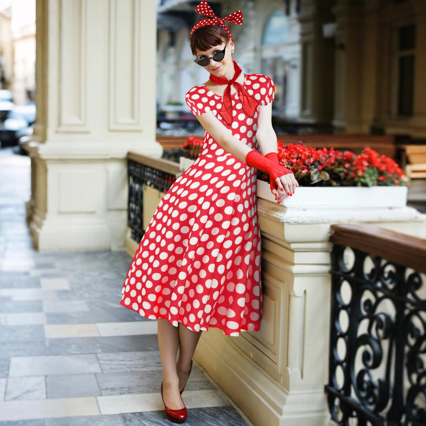 JenPen 7 Pcs 50s Women Costume Vintage Polka Dot Cocktail Dress Retro 50s Chiffon Scarf Cat Eye Glasses Headband Earring(L)