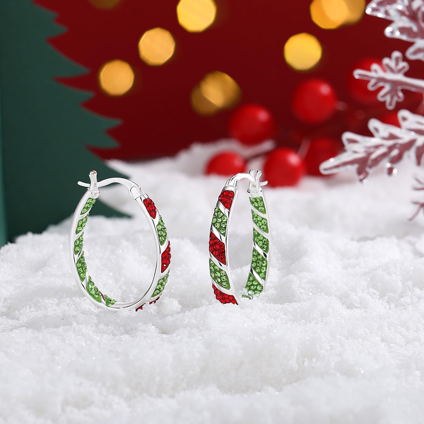 MUYUU Christmas Hoop Earrings, Silver Plated Inside Out Oval Hoop Earrings For Women Sparkly Crystal Earrings Fashion Jewelry Gift