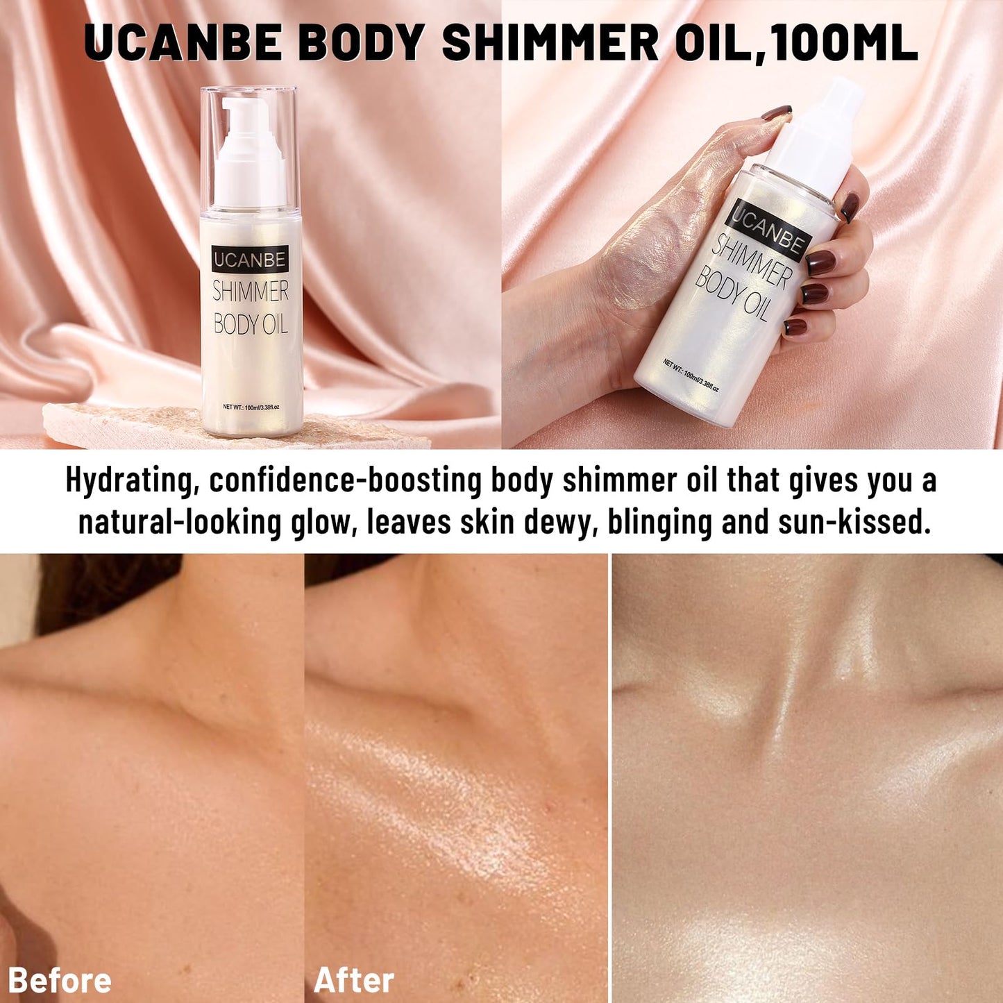 UCANBE Body Shimmer Oil 100ml, Moisturizing Face Body Glow Glitter Oil, Waterproof Shimmering Body Luminizer Liquid Illuminator Highlighter, Tinted Shimmer Body Lotion Glowing Bronzer Makeup(Silver)