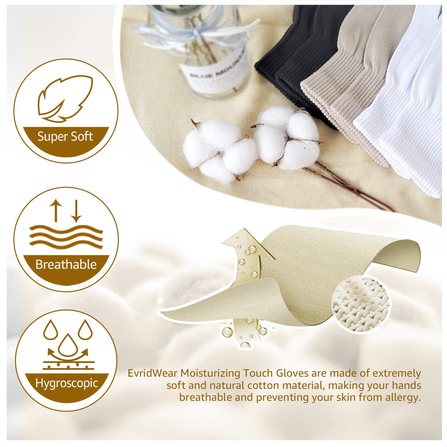 Evridwear Unisex Moisturizing Cotton Gloves with Touchscreen Fingertips for Eczema Beauty Cosmetic Dry Hands Sensitive Irritated Skin Therapy Overnight Bedtime, 6 Pairs, Lightweight-Beige, XS