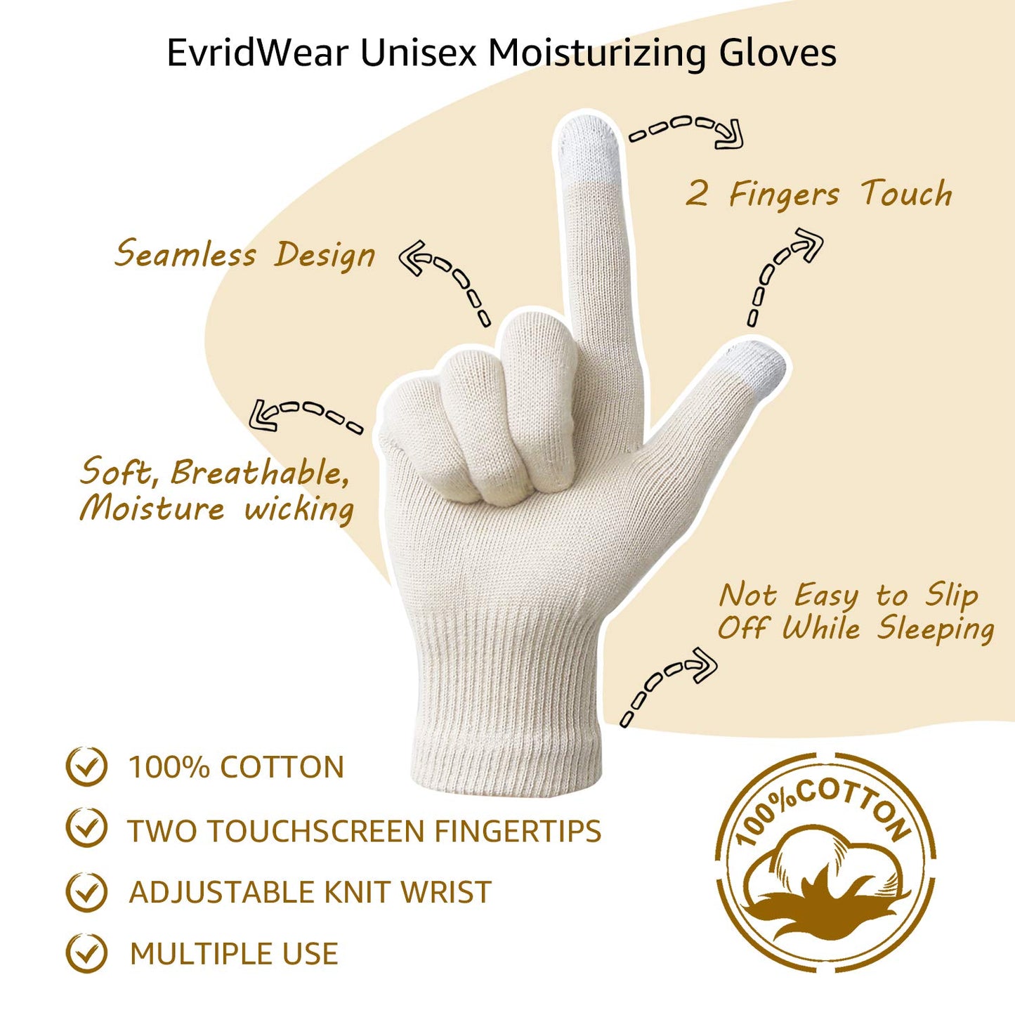 Evridwear Unisex Moisturizing Cotton Gloves with Touchscreen Fingertips for Eczema Beauty Cosmetic Dry Hands Sensitive Irritated Skin Therapy Overnight Bedtime, 6 Pairs, Lightweight-Beige, XS