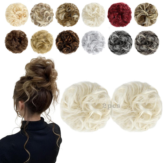 FeidyLong 2 PCS Messy Bun Hair Piece Wavy Curly Scrunchies Synthetic Chignon Ponytail Hair Extensions Thick Updo Hairpieces for Women Girls(Platinum Blonde)