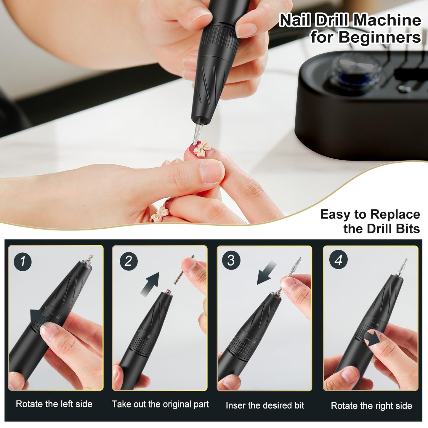 Electric Nail Drill Machine, 40000RPM Professional E File Nail Drill Kit for Gel Acrylic Nails,High Speed Low Vibration Low Heat Nail Grinding with LED Light, 7 Bits, F/R Rotation, LCD Screen (Black)