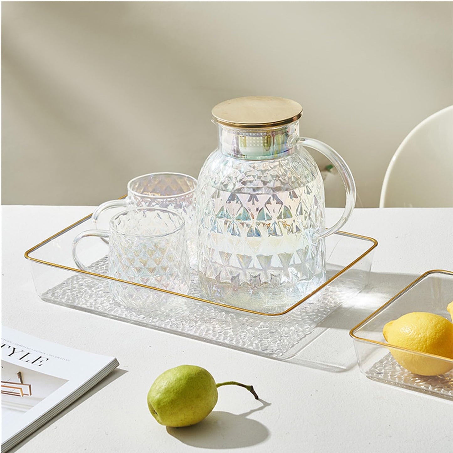 Cididu 4 Pack Clear Serving Trays, Deep Serving Platters Rectangle 12'' x 8'', Decorative Tray with Gold Rim, Reusable Plastic Tray Organizer for Coffee Table Pantry Party Food Display Spill Proof