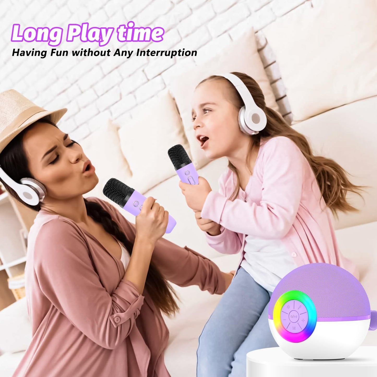 goopow Mini Karaoke Machine Speaker for Kids Adults, Portable Bluetooth Microphone Song Toys with LED Light, Best Chritmas Birthday Festival Gift for 3 4 5 6 7 8+ Year Old Girls Boys (Purple-2MIC)