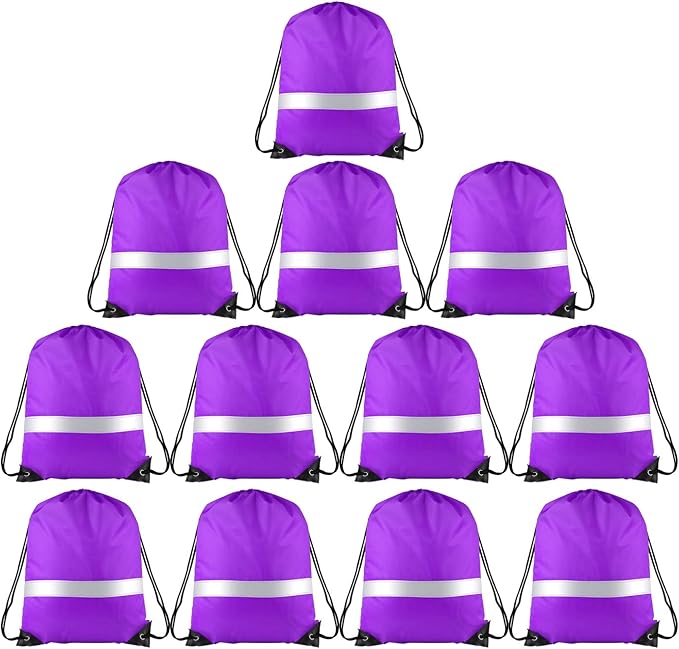KUUQA 12 Pcs Drawstring Backpack Bag Bulk Reflective Backpack Purple String Bags Cinch Sack Backpack for Team Yoga Sport Gym Traveling