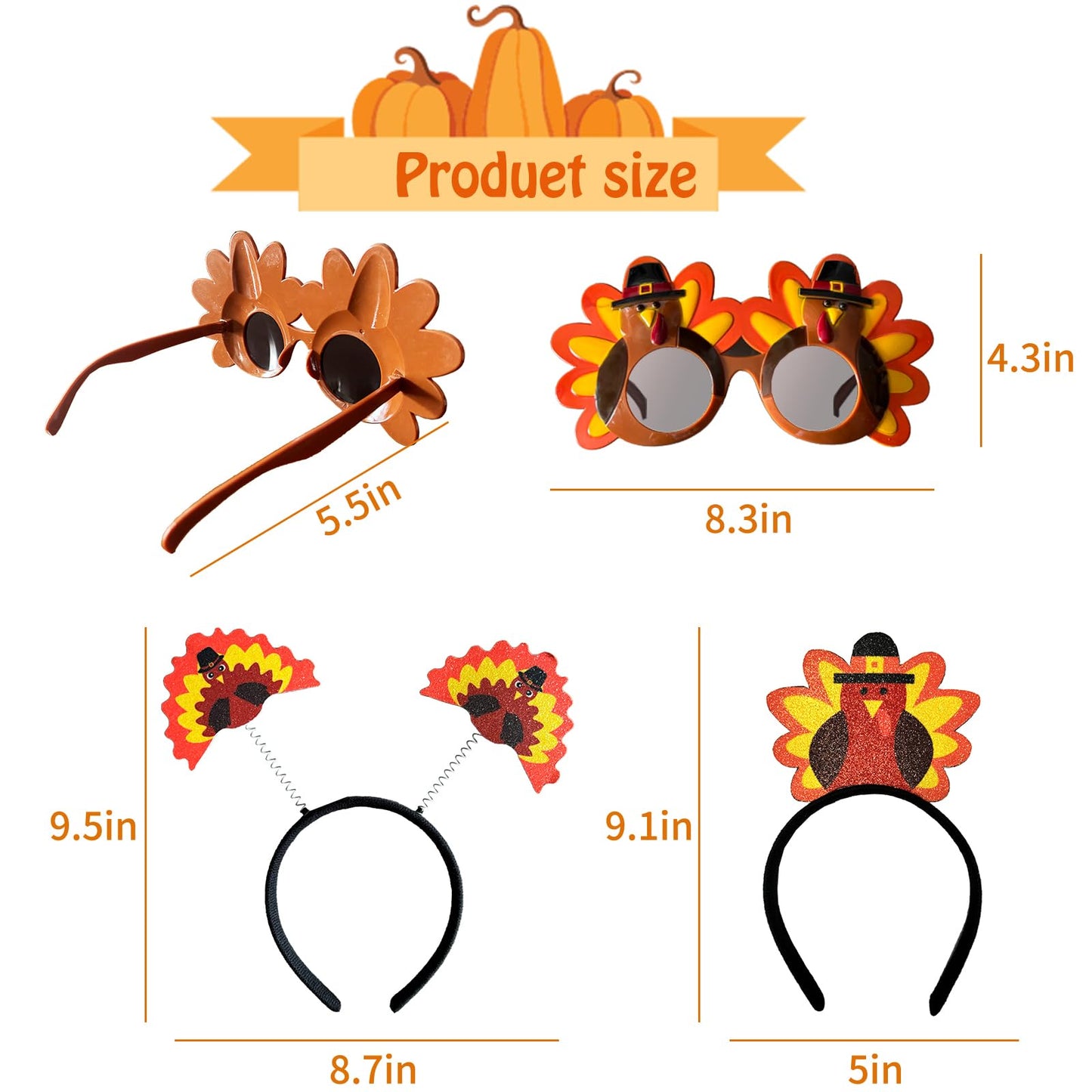 Jovlirz Thanksgiving Turkey Headbands Sunglasses, 3PCS Thanksgiving Glasses Frame & 3PCS Thanksgiving Turkey Head Wear Boppers for Thanksgiving Day Party Favor Costumes Props Fall Theme Party