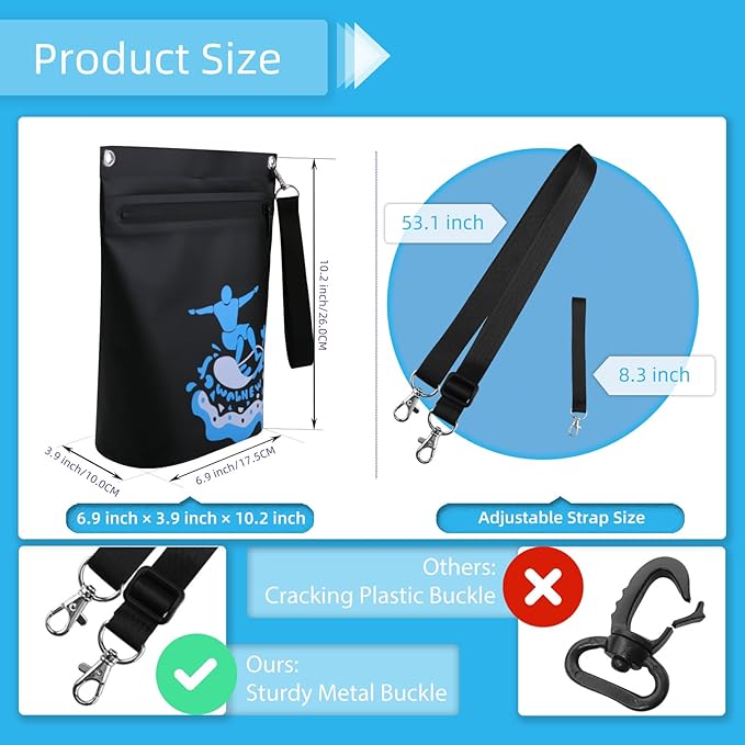 WALNEW Waterproof Dry Bag with Watertight Zipper, Lightweight Waterproof Pouch for Women Men, IPX5 Crossbody Dry Sack Keeps Gear Dry for Kayaking, Beach, Boating, Camping, Fishing, Hiking (BLACK)