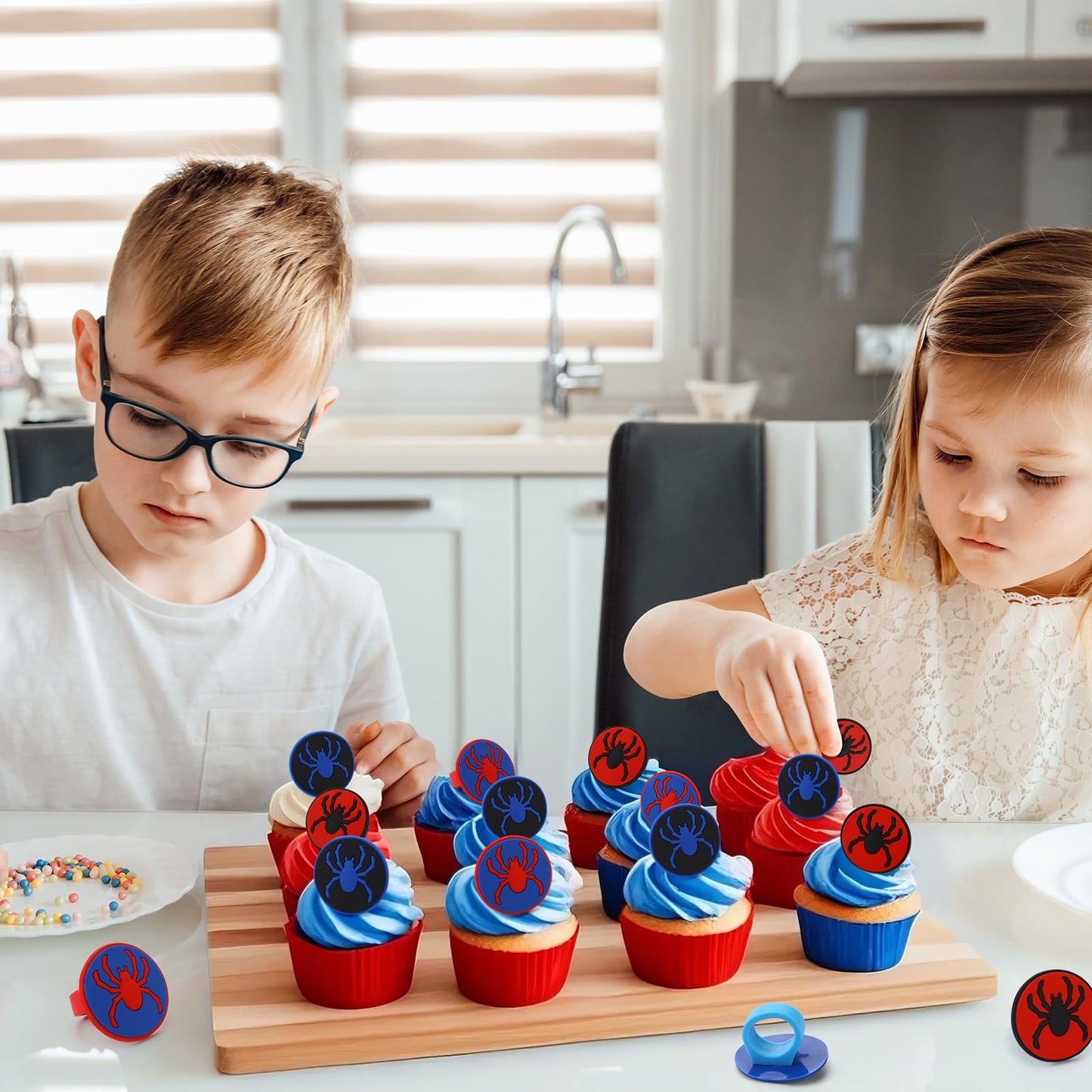 RoundFunny 48 pcs Spider Cupcake Rings, Spider Cake Toppers, Dessert Decorations for Birthday Parties Birthday Party Gifts Classroom Prizes (red/blue/black)