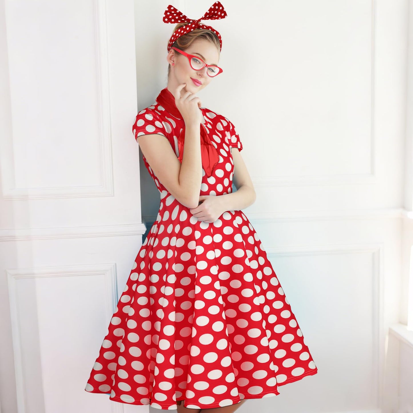 JenPen 7 Pcs 50s Women Costume Vintage Polka Dot Cocktail Dress Retro 50s Chiffon Scarf Cat Eye Glasses Headband Earring(L)