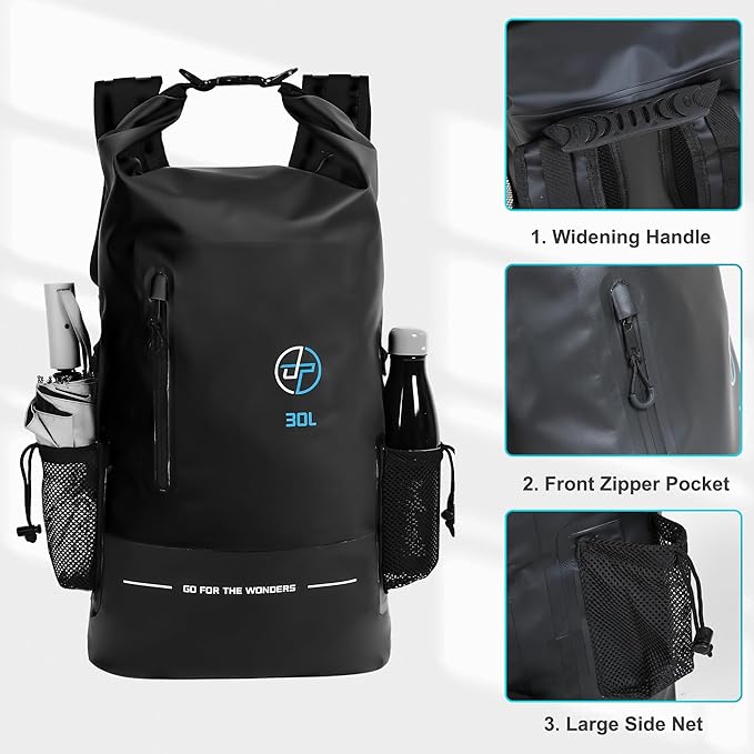 UPWELL 30L Waterproof Dry Bag Boating Backpack for Travel Hiking Camping Kayaking Hiking Swimming Floating Submersible Dry Bag Black