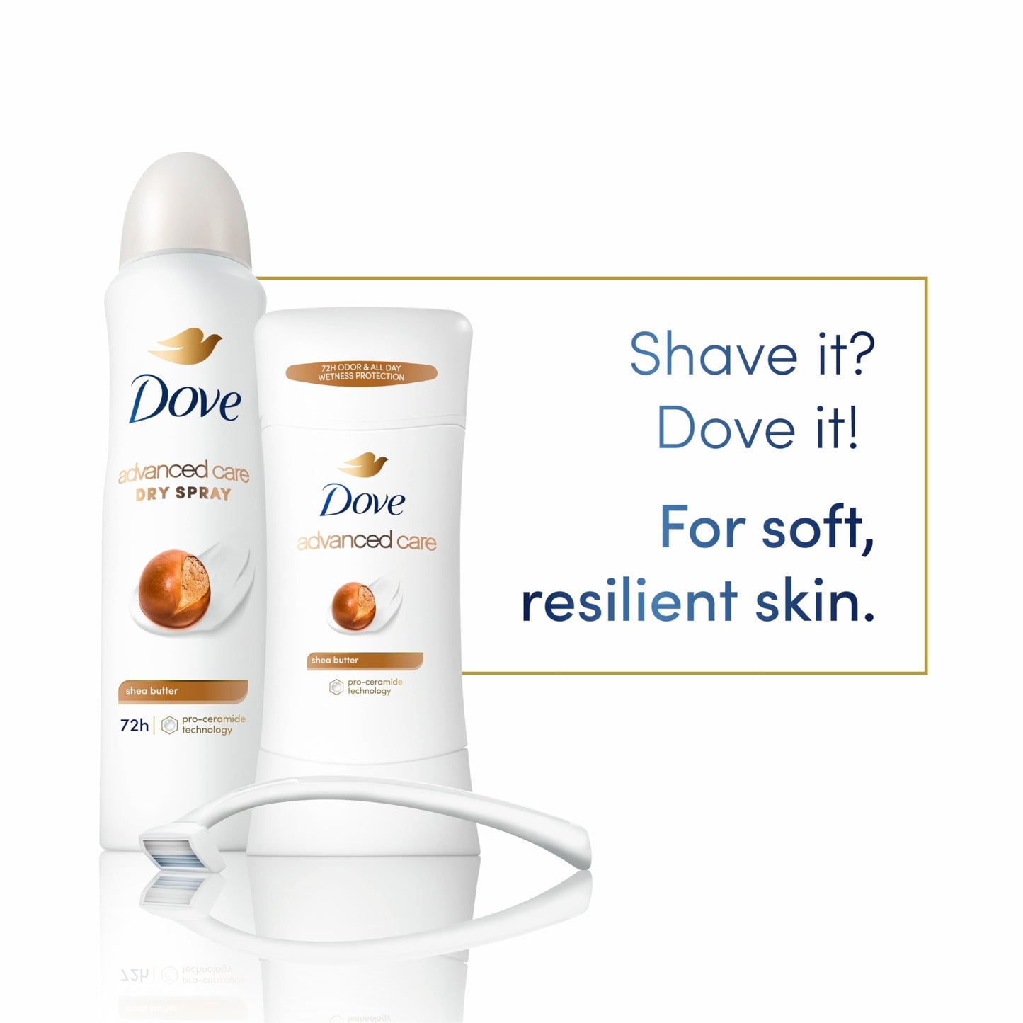 Dove Advanced Care Antiperspirant Deodorant Stick Shea Butter 4 ct with Pro ceramide technology for helping skin barrier repair after shaving 72 hour odor control sweat protection stick 2.6 oz