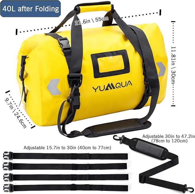 Waterproof Duffel Bag, Large Duffle Bag for Travel Heavy Duty Dry Bag with Durable Strap & Handle for Outdoor Motorcycle Boating Rafting Kayaking Paddleboarding, 40L Capacity after Fold Yellow