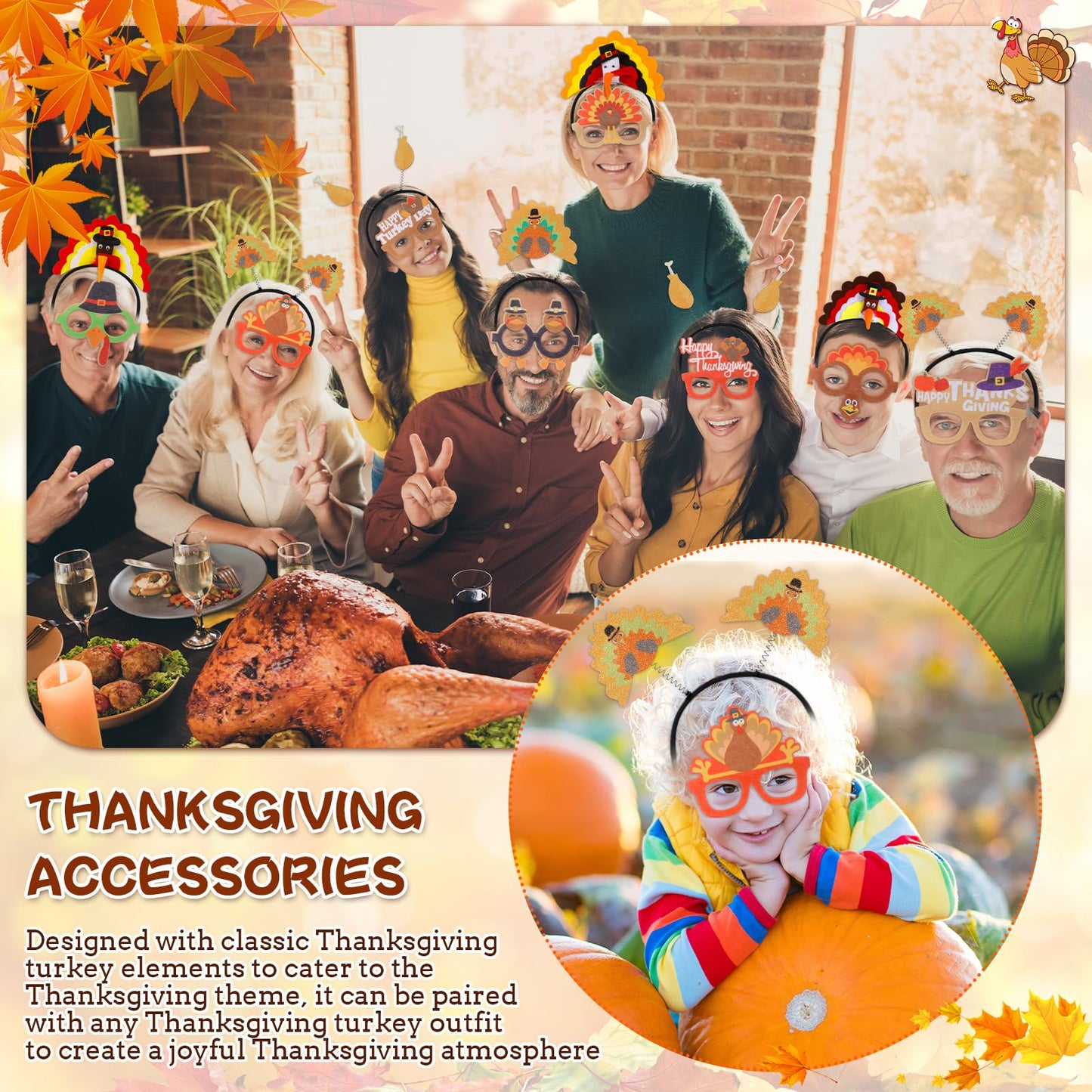 Hotop 24 Pcs Thanksgiving Turkey Headbands and Turkey Glasses Soft Felt Cloth Material Holiday Glasses and Headwears for Thanksgiving Autumn Party Favors