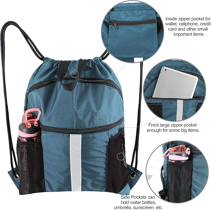 BeeGreen Drawstring Backpack Bag with Shoe Compartment, X-Large Black Gym Sports String Cinch Backpack