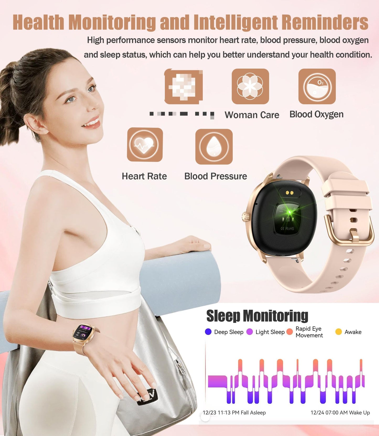 GLPYR Women's 2pc Band Sports Watch/Smart Watch 1.72" Fitness Tracker with Heart Rate Monitor, 100+ Sports Modes, Sleep Tracking, 7-Day Battery, IP68 Waterproof (Gold)