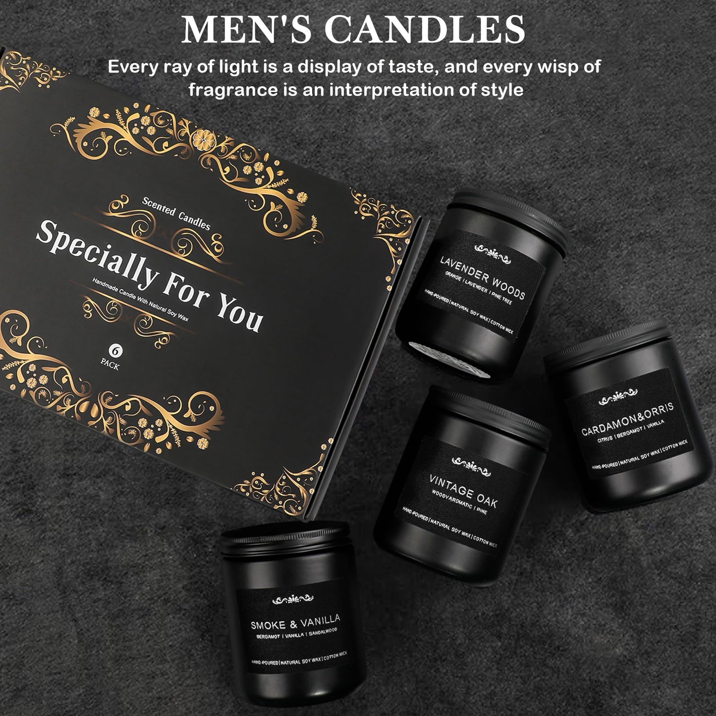 Scented Candles for Men, 6-Pack Candles for Home Scented, 42oz, 300 Hours Burning Time Long-Lasting Aroma — The Masculine Men Candle, Perfect for Boyfriend, Him, Father Aromatherapy Gift