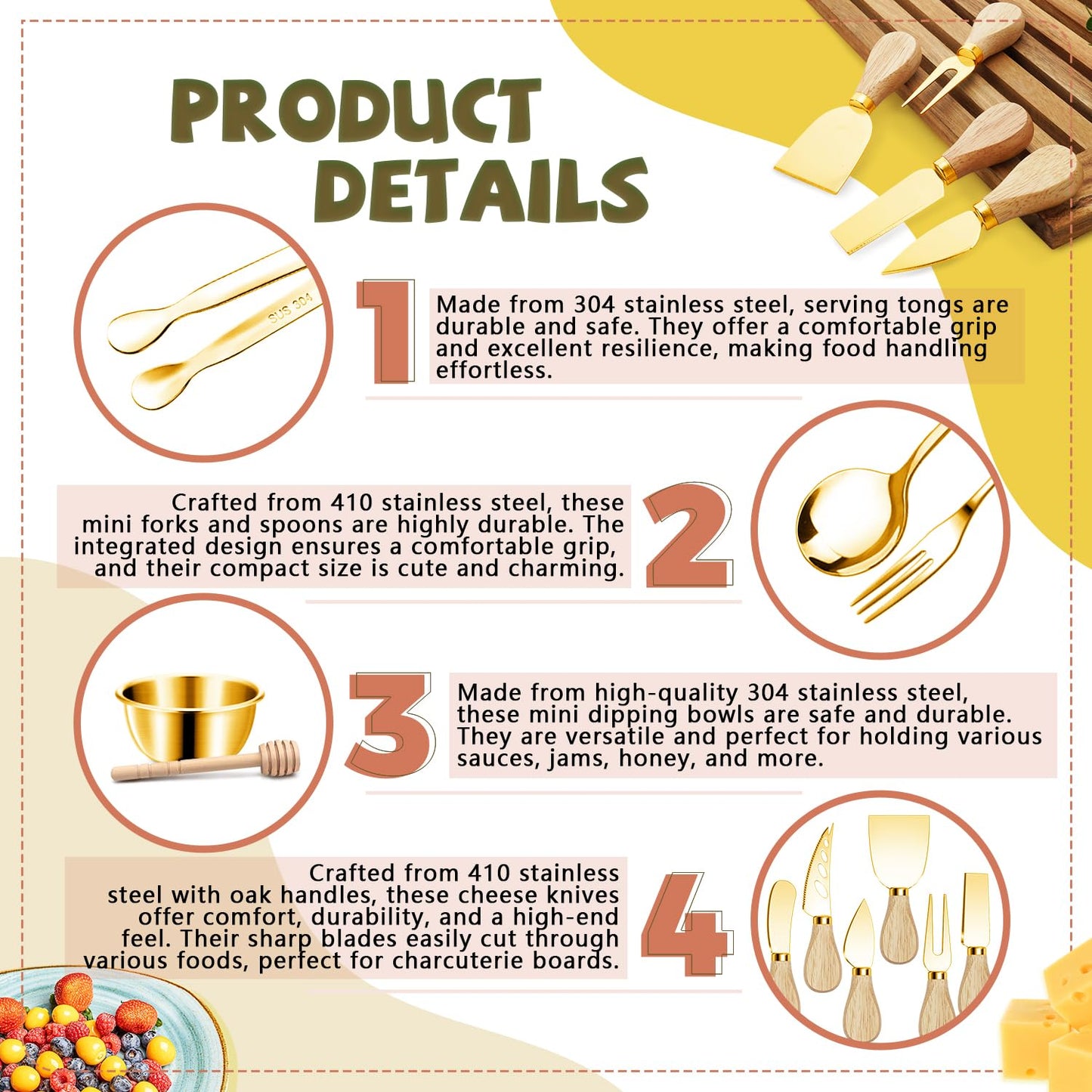 Charcuterie Boards Accessories Gold Charcuterie Utensils Cheese Butter Spreader Knife Set Small Serving Tongs Forks and Spoons Dipping Bowls Honey Dippers Toothpick Flags for Party Platter Making