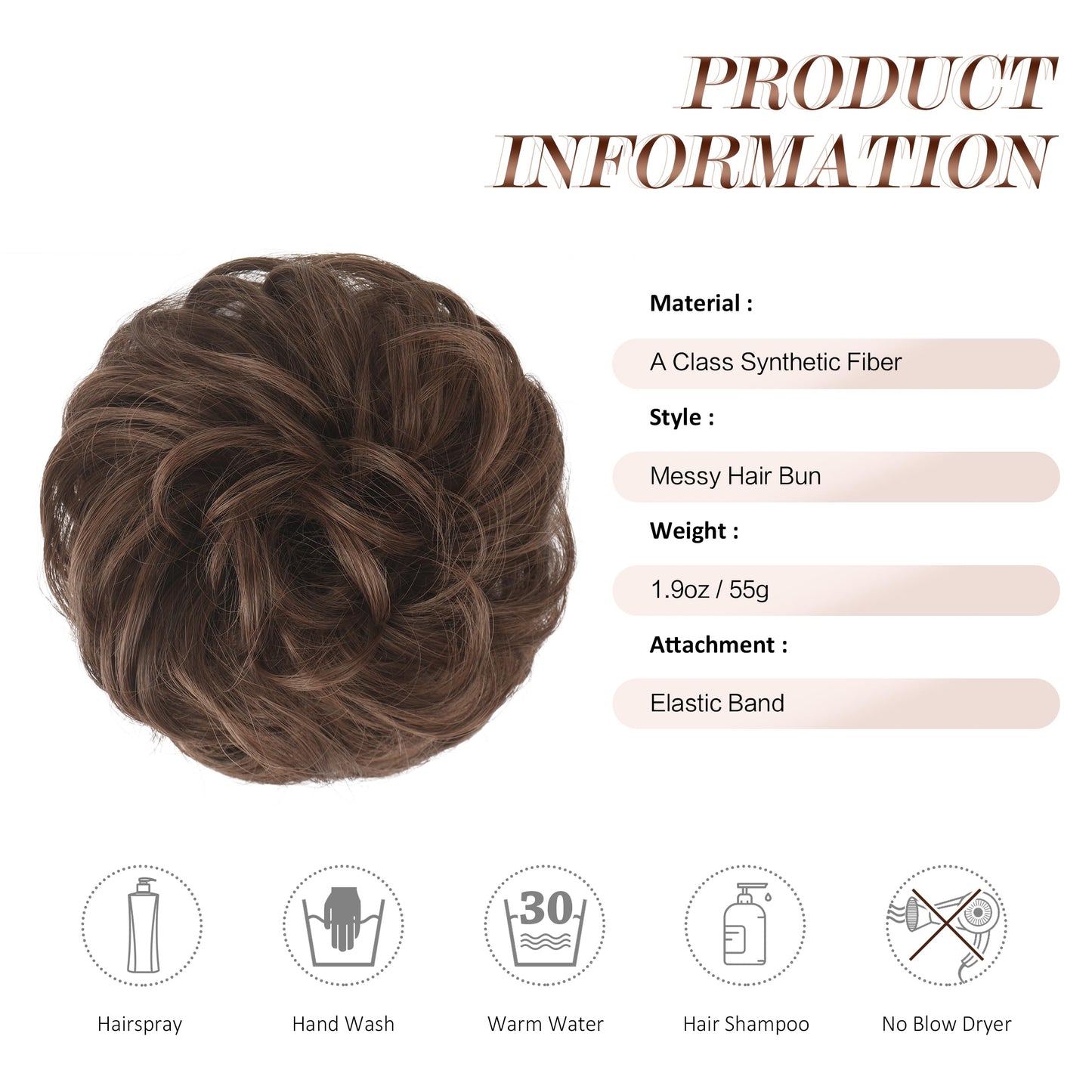 FESHFEN Messy Bun Hair Piece - Large Wavy Curly Elastic Hair Bun Scrunchies Ponytail Extensions Synthetic Chignon Hairpieces for Women, Darkest Brown 1.94oz