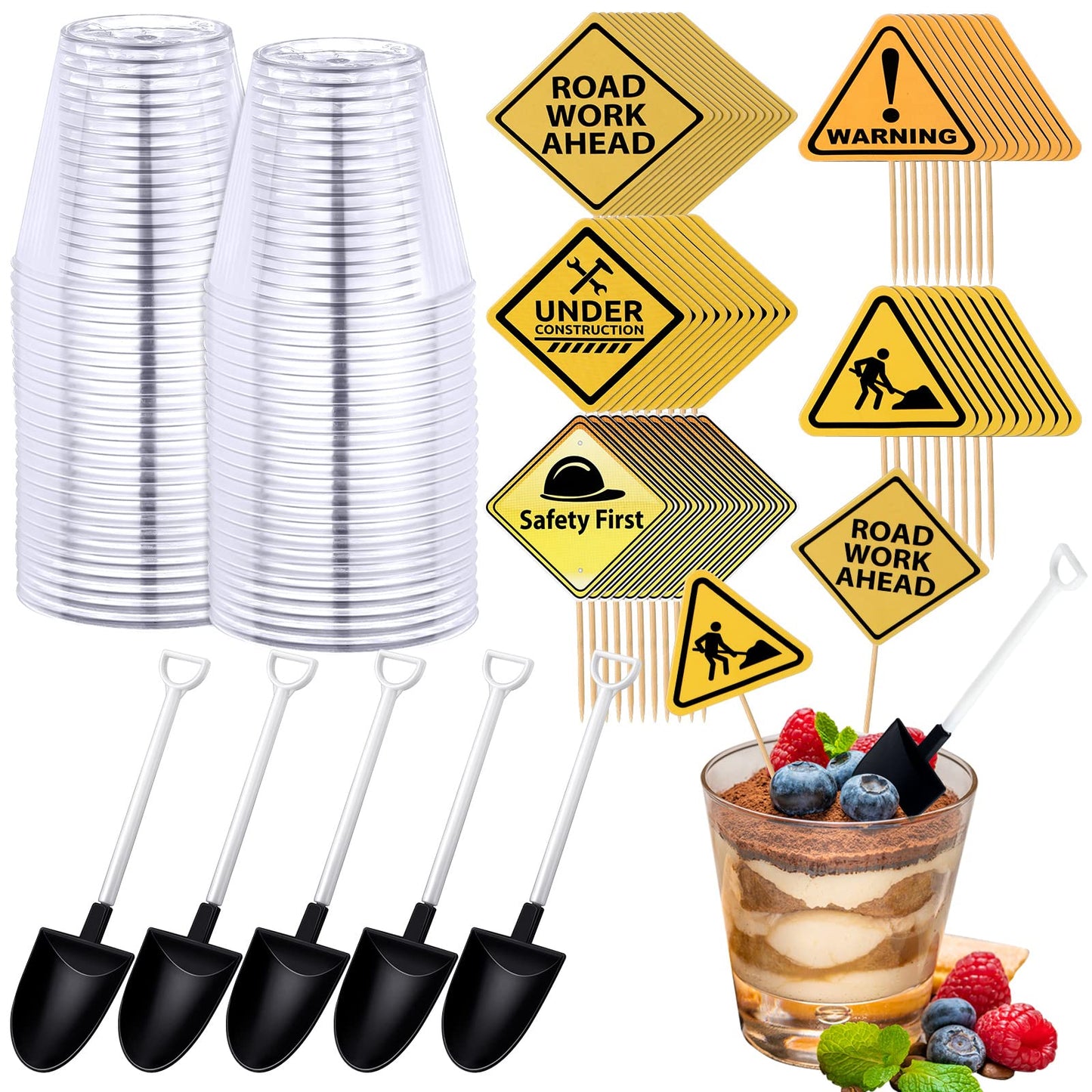 BBTO 150 Pieces Party Supplies - 50 Plastic Shovel Spoons, 50 Cake Dessert Cups, 50 Construction Cupcake Toppers for Themed Birthday Party