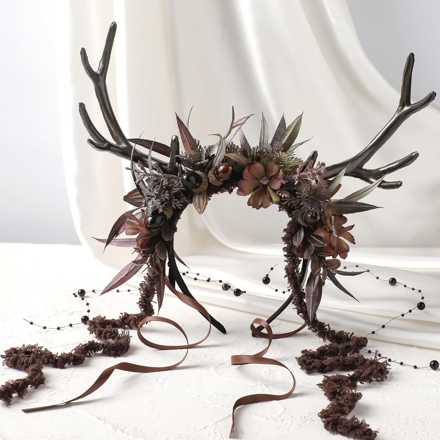 MOSTORY Dark Flower Reindeer Headband - Gothic Floral Antlers Headpiece for Renaissance Accessories Women Dark Fairy Costume, Deer Horns Headband with Vine for Goth Cosplay Renfaire Witch Aesthetic
