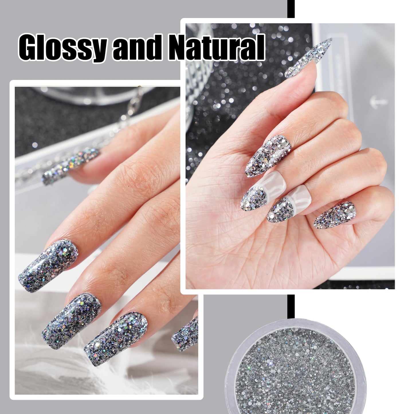 EODCI Glitter Black Dip Powder, 1OZ Neutral Nail Dip Powder for Long-lasting 28 Days+ Dip Nail Art French Manicure Nail Starter & Professional Home DIY Salon Use