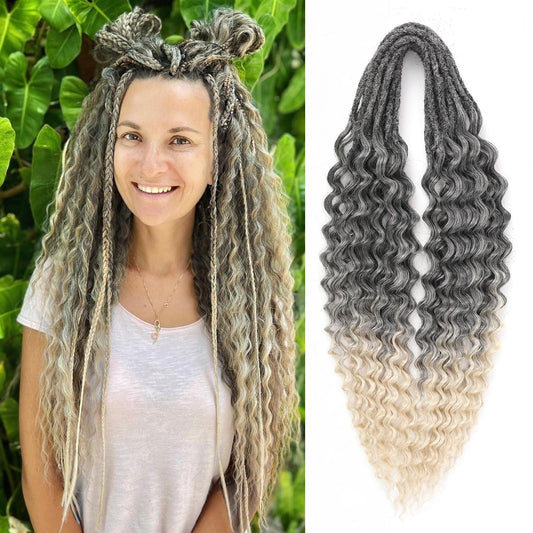 Leeven Wavy Double Ended Dreadlock Extensions 24 Inch Black to Blonde Ombre DE Curly Synthetic Dreads 10 Strands Boho Dread Extensions Braid in Handmade Hippie Dreads Thin Wool Dreads for Women Men
