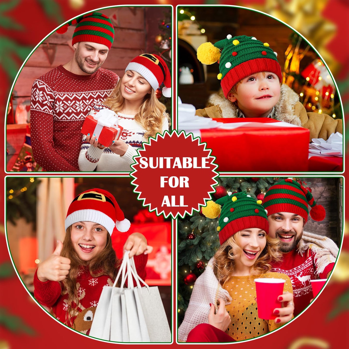 Funtery 3 Pcs Christmas Knitted Santa Hats Elf Hat Crochet Christmas Beanie Xmas Party Caps for Adults Women Men(Mixed Style)