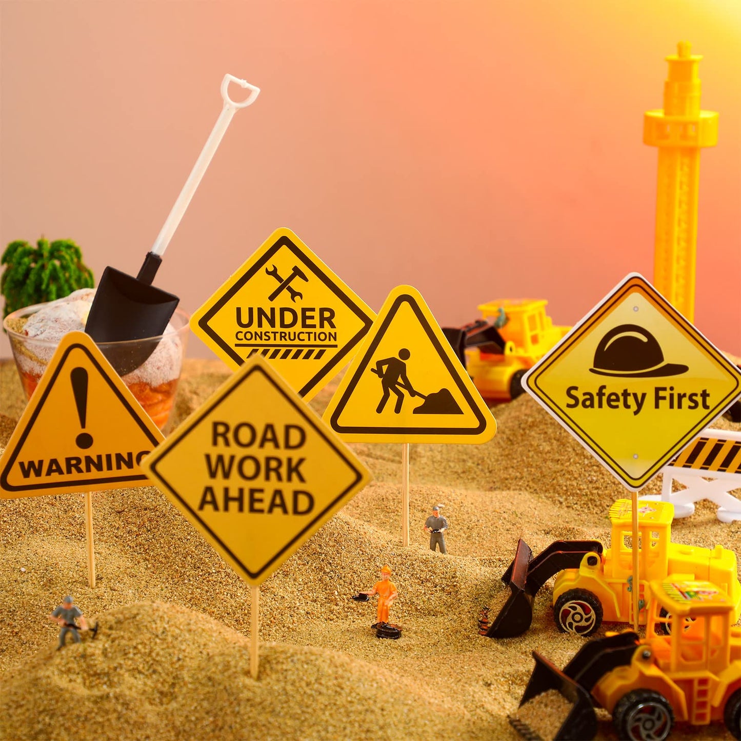 BBTO 150 Pieces Party Supplies - 50 Plastic Shovel Spoons, 50 Cake Dessert Cups, 50 Construction Cupcake Toppers for Themed Birthday Party