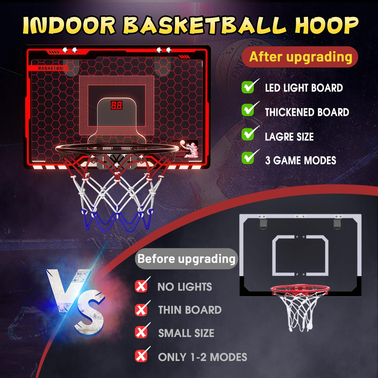 HopeRock Indoor Basketball Hoop, Over The Door Mini Basketball Hoops for Kids, with LED Light and Scoreboard, Birthday Gifts for 5 6 7 8 9 10 11 12 Years Old Boys Girls, Sports Toys