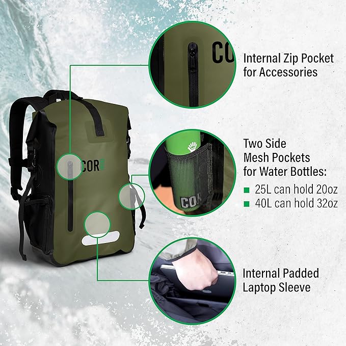 Waterproof Backpack with Laptop Sleeve | Heavy Duty Hiking, Kayak Dry Bag Backpack | Roll-Top Closure (40L Green)