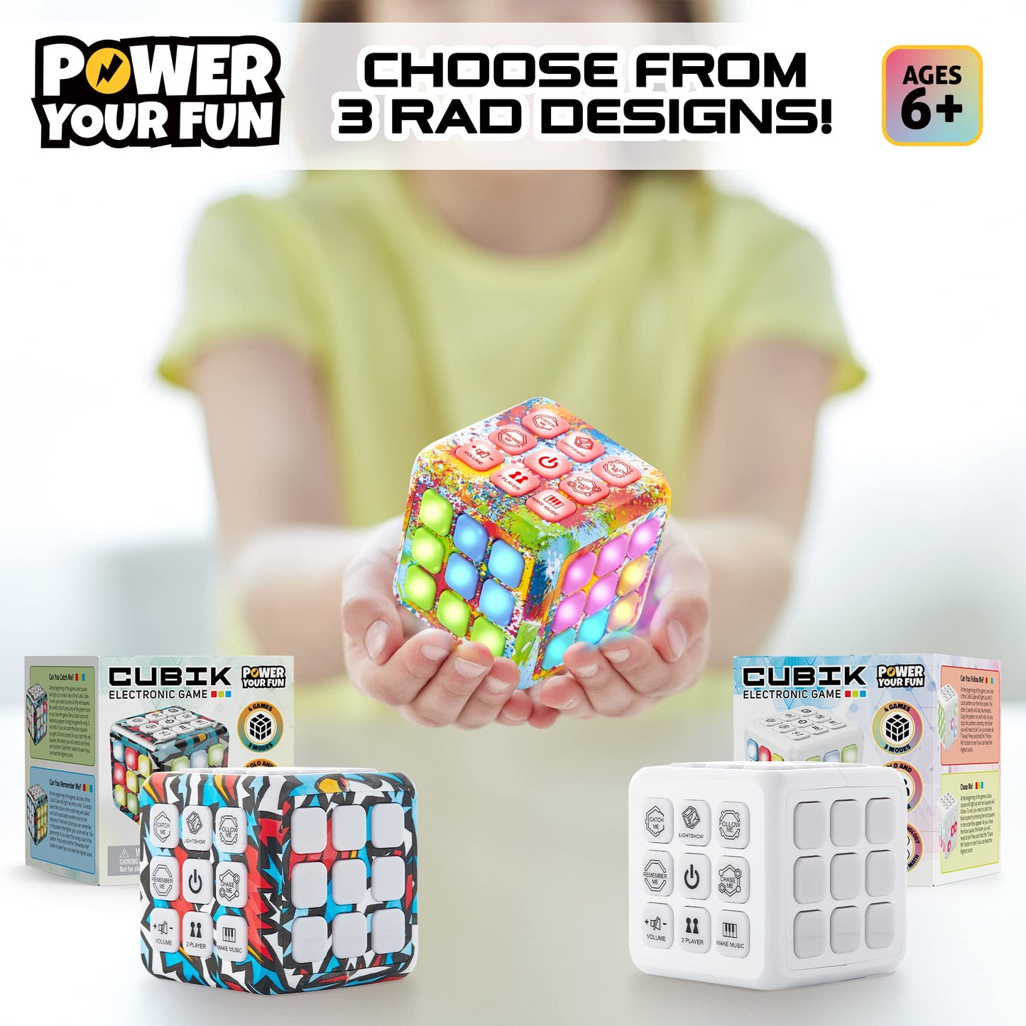 Power Your Fun Cubik LED Flashing Cube Memory Game - Electronic Handheld Game, 5 Brain Memory Games for Kids STEM Sensory Toys Brain Play Puzzle Fidget Light Up Cube Stress Relief Fidget Toy (Tie Dye)