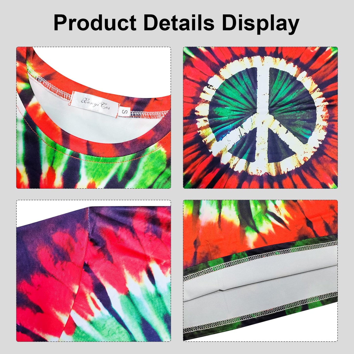 XonyiCos Hippie Costume for Men Women 60s and 70s colorful T-shirt sunglasses headband Peace necklace 4-piece theme party (Peace Red Black 4-piece Set, X-Large)