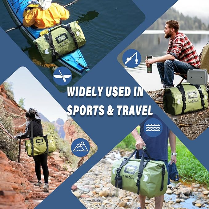 Waterproof Duffel Bag, Large Duffle Bag for Travel Heavy Duty Dry Bag with Durable Strap & Handle for Outdoor Motorcycle Boating Rafting Kayaking Paddleboarding, 40L Capacity Army Green