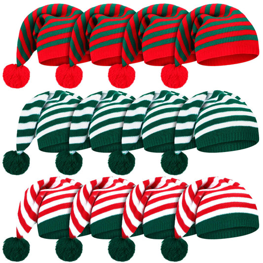 Ramede 12 Christmas Knitted Elf Hats Santa Hat for Adults Xmas Beanie Winter Hats with Pompom Bulk Crochet Caps for Women Men(Vivid Color,Stripe)