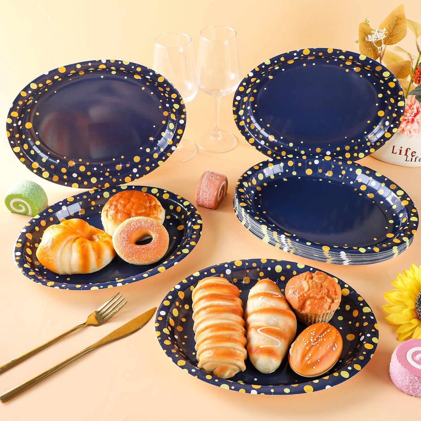 50Pcs Blue and Gold Party Supplies Large Gold Dot on Blue Paper Plates Oval Dinner Plates Disposable Party Tableware for Birthday Decorations Graduation Baby Showers Wedding Holiday Retirement