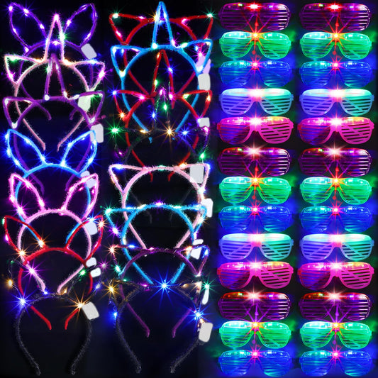 Honoson 15 Pcs LED Light up Glasses 15 Pcs Cat LED Cute Headband Cat Ears Sunglasses Glow in the Dark Party Supplies(Classic)